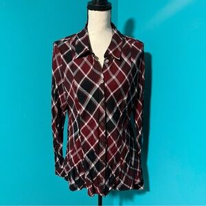 Soft Surroundings XLP Red Black White Plaid Lightweight Flowy Button Down Top